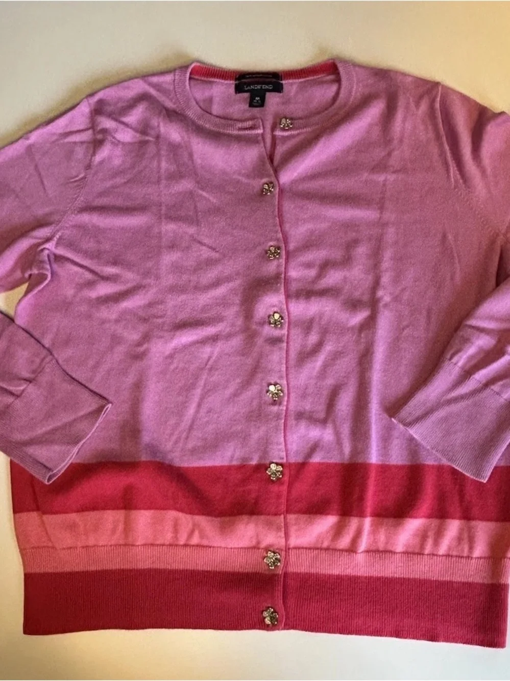 Lands' End Pink Striped Crewneck Cardigan Sweater
